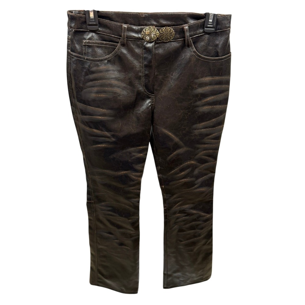 RARE‎ Vintage Roberta Scarpa Brown Vegan Leather Distressed Whiskered Flare Pant